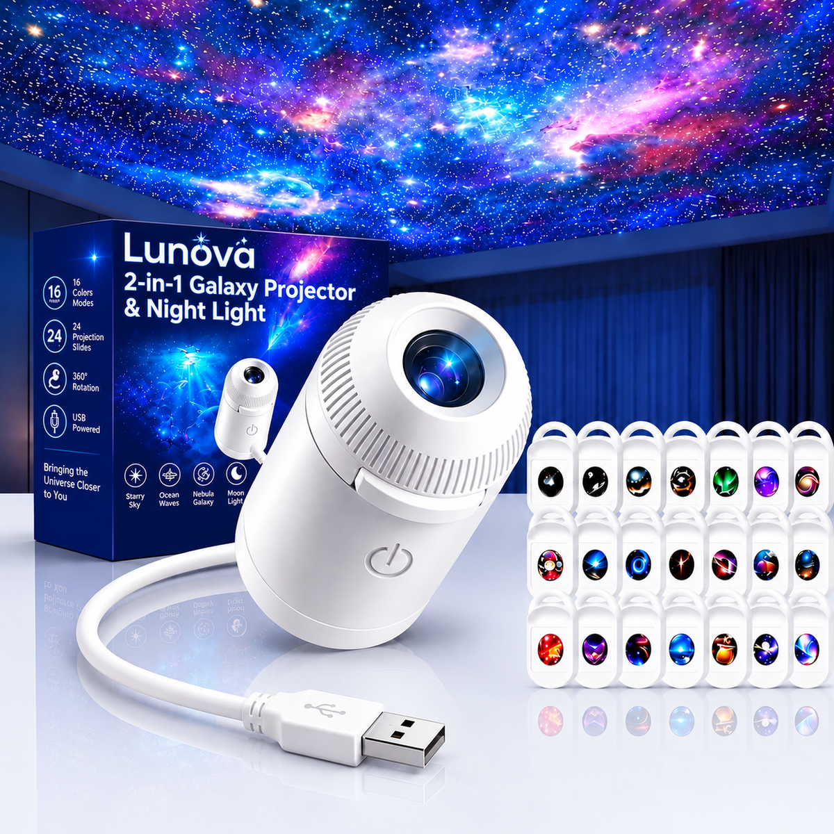 Transform Your Space with the Lunova 2-in-1 Galaxy Projector & Night Light